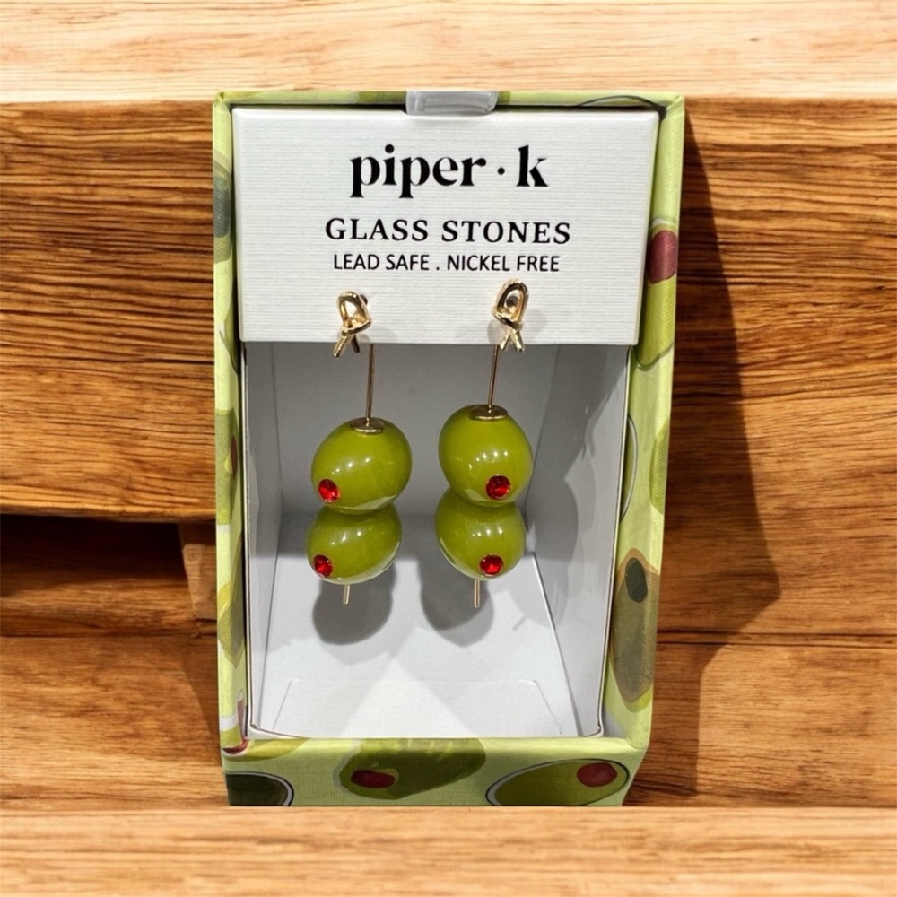 Piper Olive Green Glass Bead Drop Earrings with Red Accents